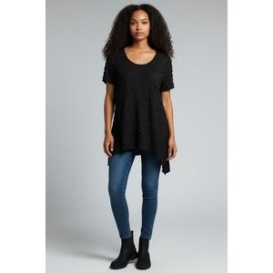 Elementz‎ Black Textured Ruffle Sharkbite Hem Tunic Top Short Sleeve Womens M